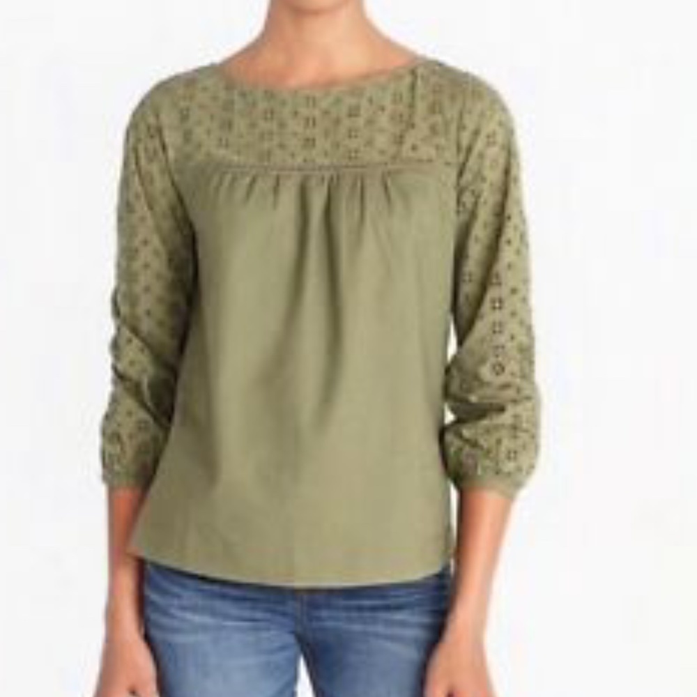 J. Crew Mercantile Olive Green Eyelet Linen Long Sleeve Blouse